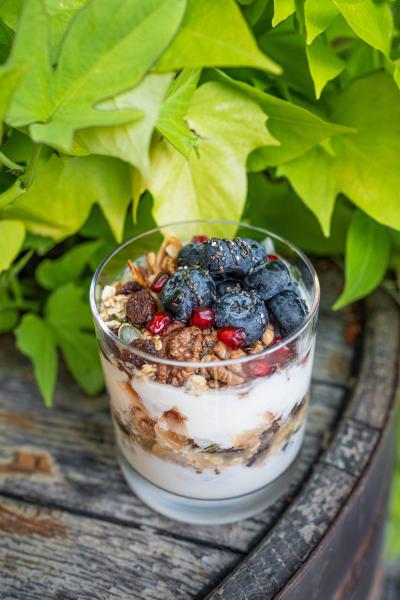 Bio jogurt z farmy Struhy s domácí granolou, ořechy, ovocem a javorovým sirupem